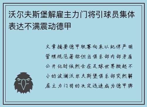 沃尔夫斯堡解雇主力门将引球员集体表达不满震动德甲