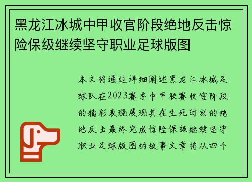 黑龙江冰城中甲收官阶段绝地反击惊险保级继续坚守职业足球版图 黑龙江冰城中甲收官阶段绝地反击惊险保级继续坚守职业足球版图